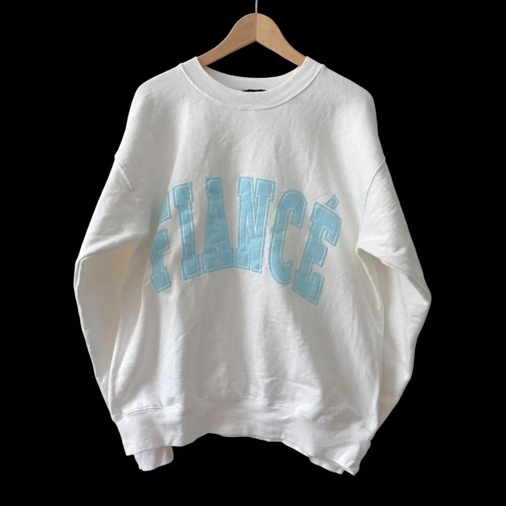 The Bar Fiance Sweatshirt White Blue Varsity Lettering Crewneck Medium Bride - Picture 2 of 4